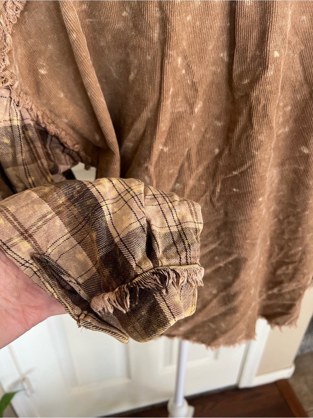 BiBi Brown Corduroy Plaid Patchwork Shacket Bleached Frayed Overshirt L - Picture 8 of 8